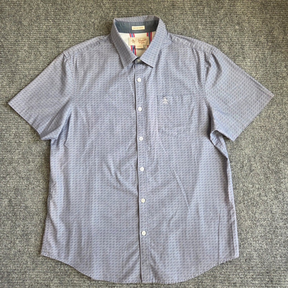 Original Penguin Mens Large Blue Star Print Short Sleeve Button Down Slim Shirt